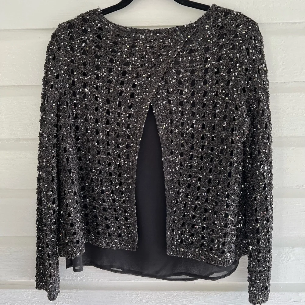 NWT Black Sequin Knit & Chiffon Lightweight Sweater Top - Holiday Style - Picture 5 of 11
